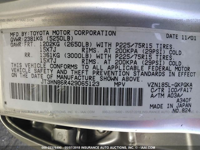 JT3HN86R429065123 - 2002 TOYOTA 4RUNNER SR5 GRAY photo 9