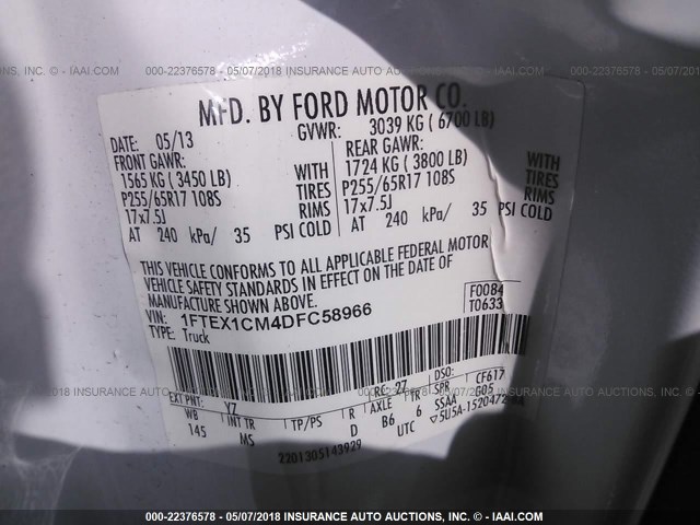 1FTEX1CM4DFC58966 - 2013 FORD F150 SUPER CAB WHITE photo 9