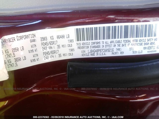 1J8HG48P87C609216 - 2007 JEEP COMMANDER RED photo 9