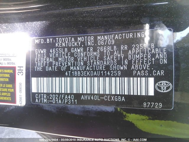 4T1BB3EK0AU114259 - 2010 TOYOTA CAMRY HYBRID BLACK photo 9