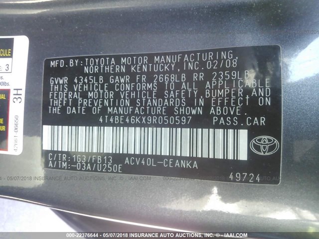 4T4BE46KX9R050597 - 2009 TOYOTA CAMRY SE/LE/XLE GRAY photo 9
