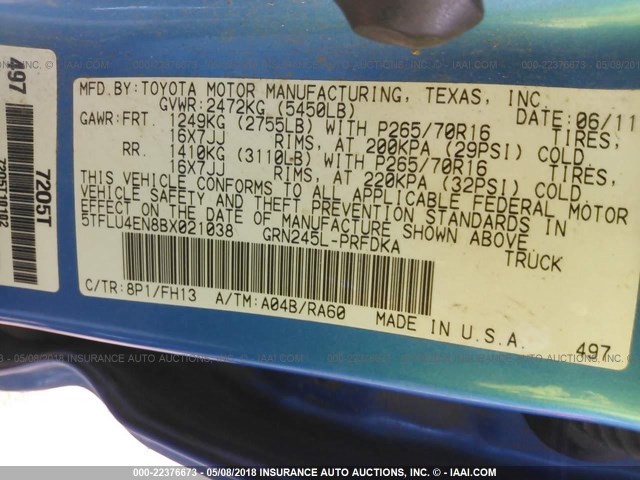 5TFLU4EN8BX021038 - 2011 TOYOTA TACOMA DOUBLE CAB 蓝色 照片 9