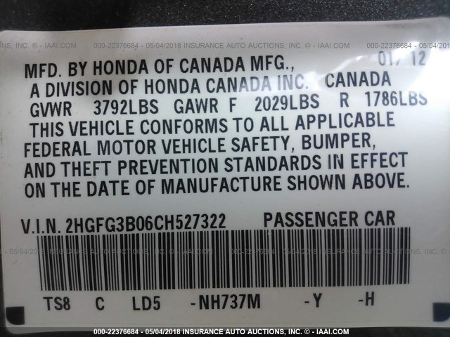 2HGFG3B06CH527322 - 2012 HONDA CIVIC EXL 灰色 照片 9