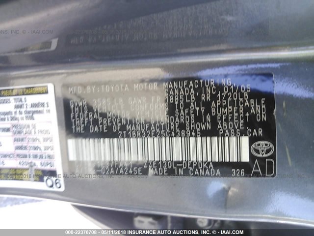 2T1BR32E25C438945 - 2005 TOYOTA COROLLA CE/LE/S GRAY photo 9