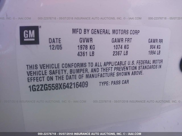 1G2ZG558X64216409 - 2006 PONTIAC G6 SE1 WHITE photo 9