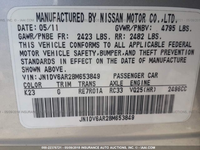 JN1DV6AR2BM653849 - 2011 INFINITI G25 SILVER photo 9