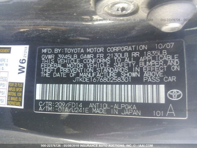 JTKDE167680258301 - 2008 TOYOTA SCION TC 黑色 照片 9