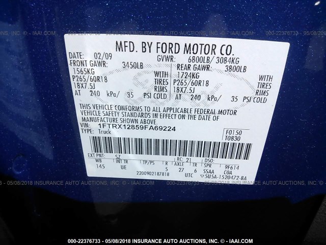 1FTRX12859FA69224 - 2009 FORD F150 SUPER CAB BLUE photo 9