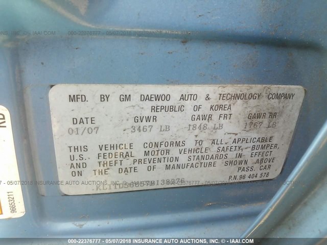 KL1TD56657B138276 - 2007 CHEVROLET AVEO LS BLUE photo 9