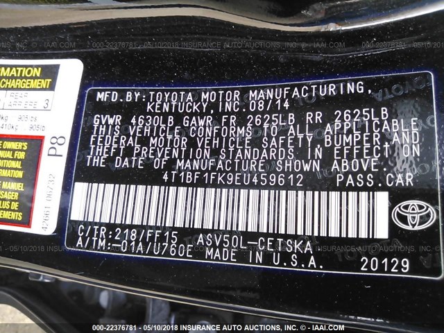 4T1BF1FK9EU459612 - 2014 TOYOTA CAMRY L/SE/LE/XLE 黑色 照片 9