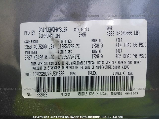 1D7KS28C77J534636 - 2007 DODGE RAM 2500 ST/SLT 灰色 照片 9