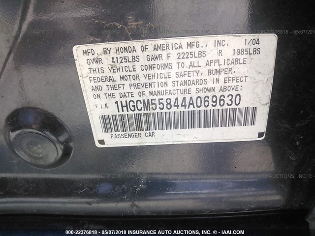 1HGCM55844A069630 - 2004 HONDA ACCORD EX GRAY photo 9