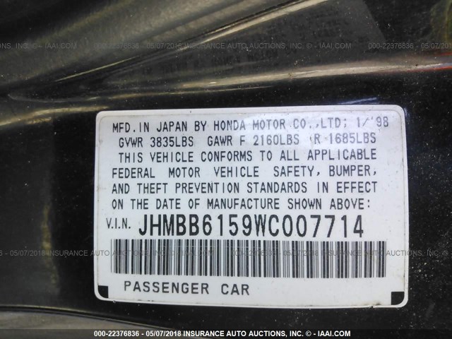 JHMBB6159WC007714 - 1998 HONDA PRELUDE SH BLACK photo 9