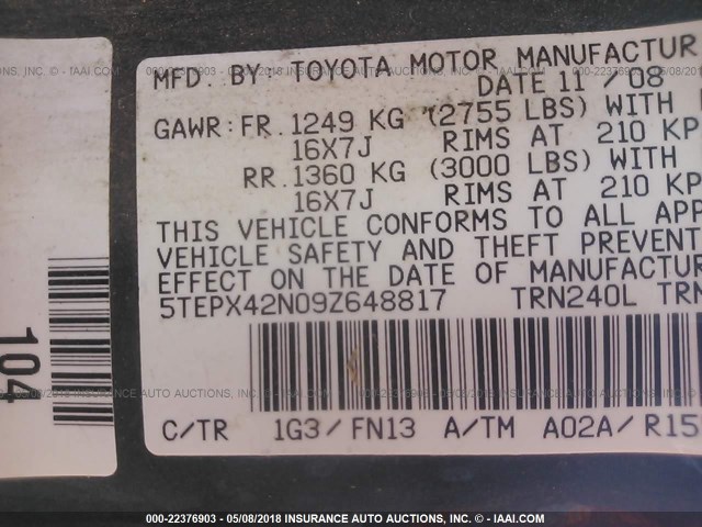 5TEPX42N09Z648817 - 2009 TOYOTA TACOMA GRAY photo 9