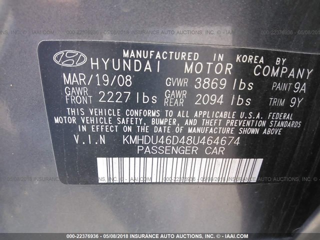 KMHDU46D48U464674 - 2008 HYUNDAI ELANTRA GLS/SE/LIMITED GRAY photo 9