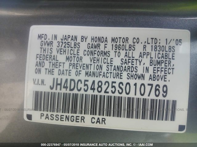 JH4DC54825S010769 - 2005 ACURA RSX GRAY photo 9