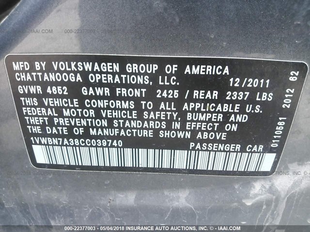 1VWBN7A38CC039740 - 2012 VOLKSWAGEN PASSAT SE GRAY photo 9