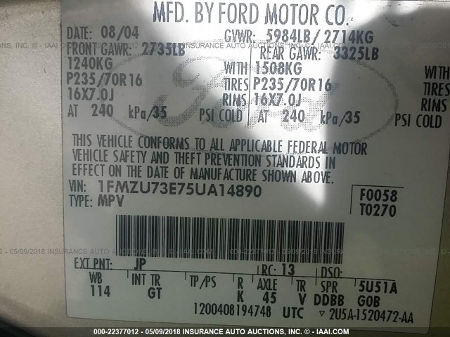 1FMZU73E75UA14890 - 2005 FORD EXPLORER XLT/XLT SPORT/NBX 银色 照片 9