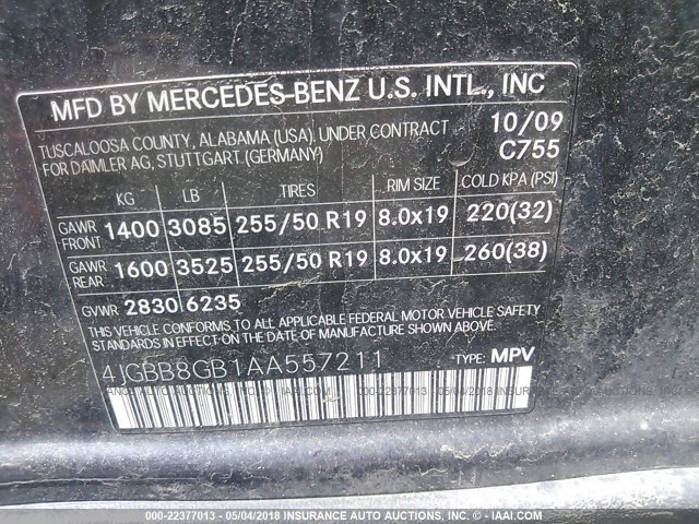4JGBB8GB1AA557211 - 2010 MERCEDES-BENZ ML 350 4MATIC GRAY photo 9