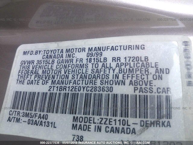 2T1BR12E0YC283630 - 2000 TOYOTA COROLLA VE/CE/LE 米色 照片 9