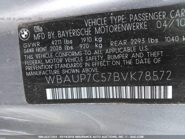 WBAUP7C57BVK78572 - 2011 BMW 128 I GRAY photo 9