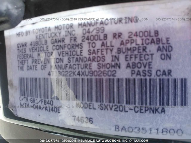 4T1BG22K4XU902602 - 1999 TOYOTA CAMRY CE/LE/XLE უცნობი ფოტო 9