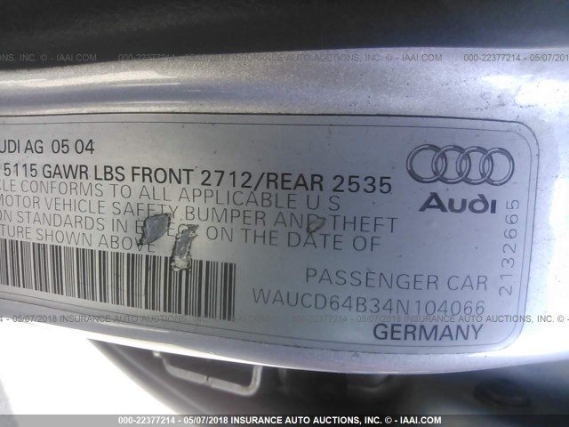 WAUCD64B34N104066 - 2004 AUDI A6 S-LINE QUATTRO SILVER photo 9