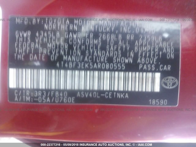 4T4BF3EK5AR080555 - 2010 TOYOTA CAMRY SE/LE/XLE RED photo 9