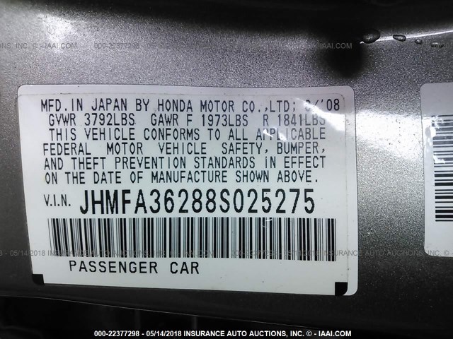 JHMFA36288S025275 - 2008 HONDA CIVIC HYBRID TAN photo 9