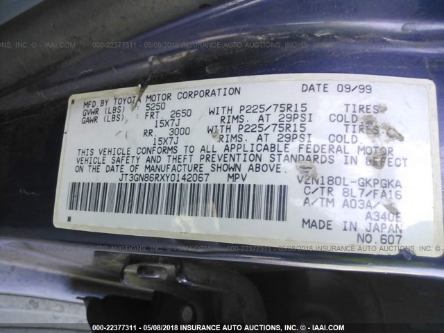 JT3GN86RXY0142067 - 2000 TOYOTA 4RUNNER SR5 BLUE photo 9