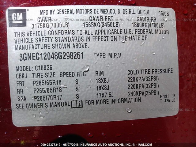 3GNEC12048G298261 - 2008 CHEVROLET AVALANCHE C1500 MAROON photo 9