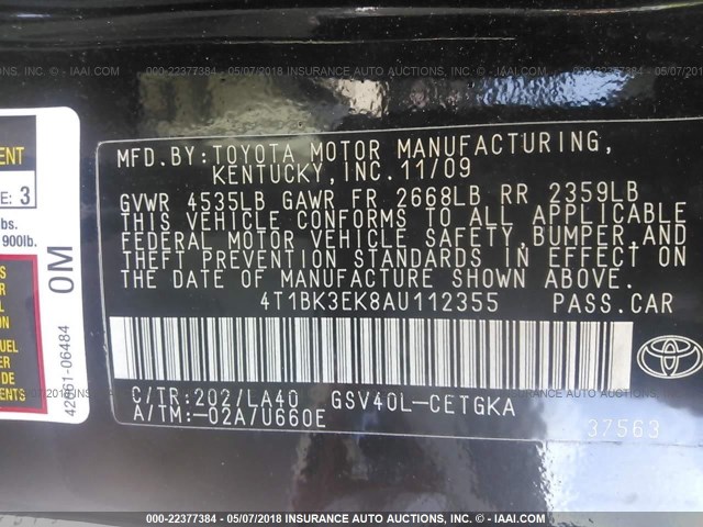 4T1BK3EK8AU112355 - 2010 TOYOTA CAMRY SE/LE/XLE BLACK photo 9