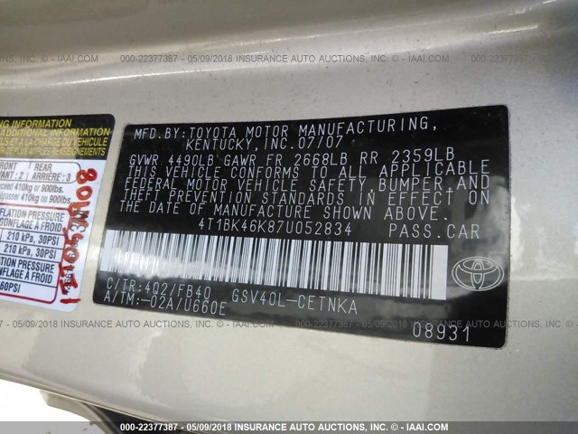 4T1BK46K87U052834 - 2007 TOYOTA CAMRY NEW GENERAT LE/XLE/SE GOLD photo 9