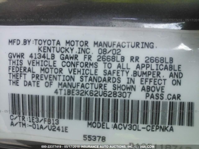 4T1BE32K62U628307 - 2002 TOYOTA CAMRY LE/XLE/SE ნაცრისფერი ფოტო 9