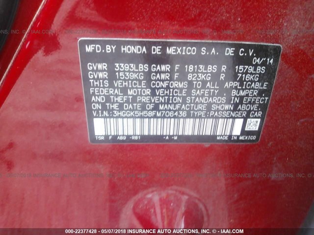 3HGGK5H58FM706436 - 2015 HONDA FIT LX RED photo 9