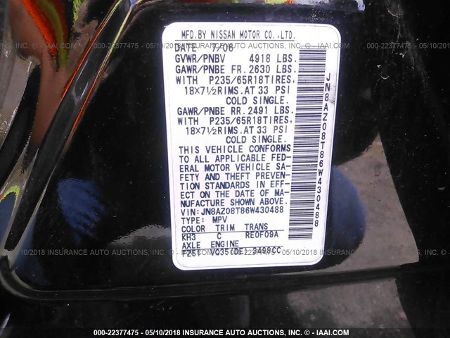 JN8AZ08T86W430488 - 2006 NISSAN MURANO SL/SE/S BLACK photo 9