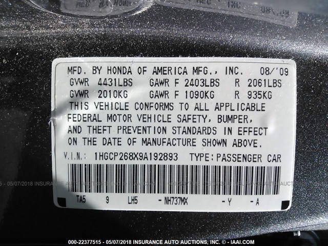 1HGCP268X9A192893 - 2009 HONDA ACCORD EXL GRAY photo 9