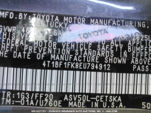 4T1BF1FK8EU794912 - 2014 TOYOTA CAMRY L/SE/LE/XLE 灰色 照片 9