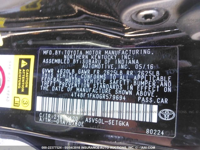 4T4BF1FK0GR579694 - 2016 TOYOTA CAMRY LE/XLE/SE/XSE Noir photo 9