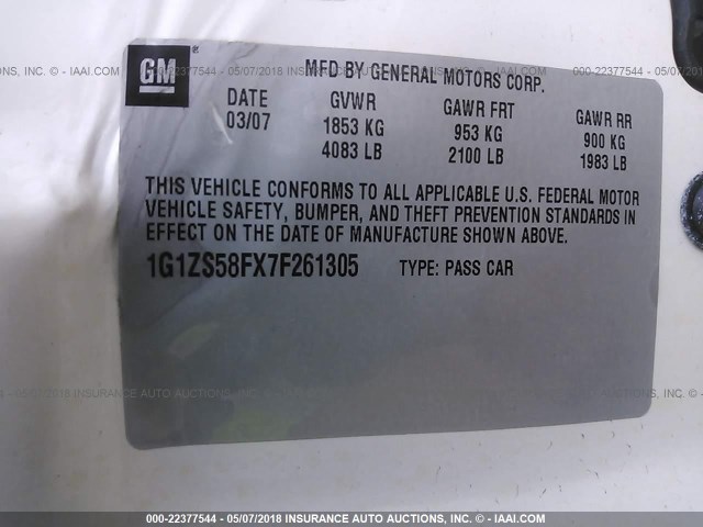 1G1ZS58FX7F261305 - 2007 CHEVROLET MALIBU LS 白色 照片 9