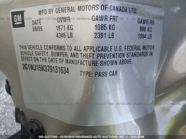 2G1WJ15K379131634 - 2007 CHEVROLET MONTE CARLO LS ოქროსფერი ფოტო 9