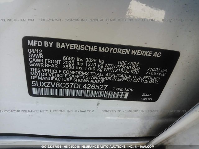 5UXZV8C57DL426527 - 2013 BMW X5 XDRIVE50I Blanc photo 9