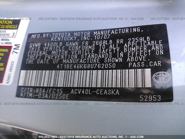 4T1BE46K68U762050 - 2008 TOYOTA CAMRY CE/LE/XLE/SE Light Blue photo 9