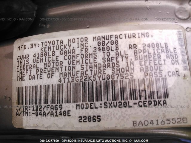 4T1BG22K5YU007525 - 2000 TOYOTA CAMRY CE/LE/XLE TAN photo 9