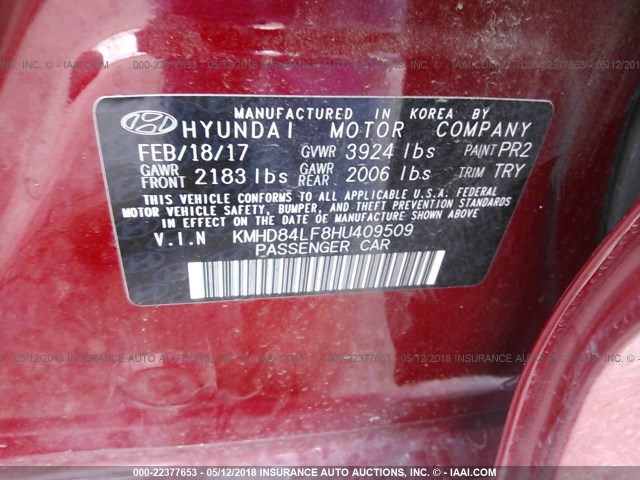 KMHD84LF8HU409509 - 2017 HYUNDAI ELANTRA SE/VALUE/LIMITED RED photo 9