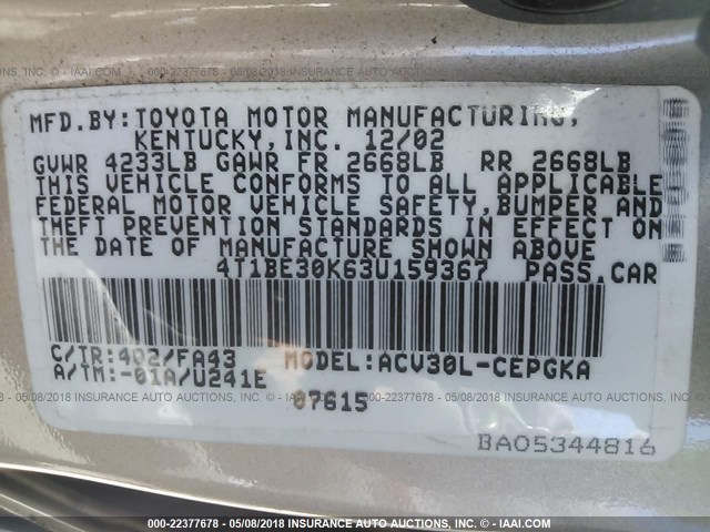 4T1BE30K63U159367 - 2003 TOYOTA CAMRY LE/XLE/SE 金色 照片 9