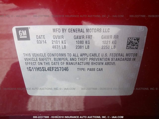 1G11H5SL4EF257046 - 2014 CHEVROLET MALIBU LTZ 红色 照片 9