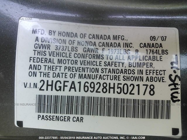 2HGFA16928H502178 - 2008 HONDA CIVIC EXL 灰色 照片 9