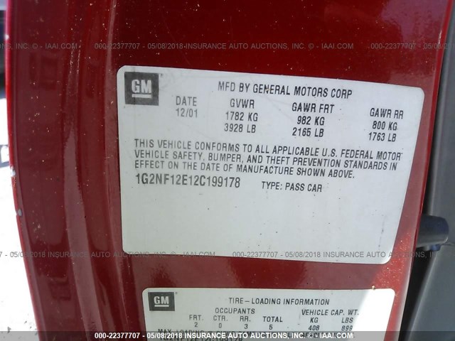 1G2NF12E12C199178 - 2002 PONTIAC GRAND AM SE1 RED photo 9