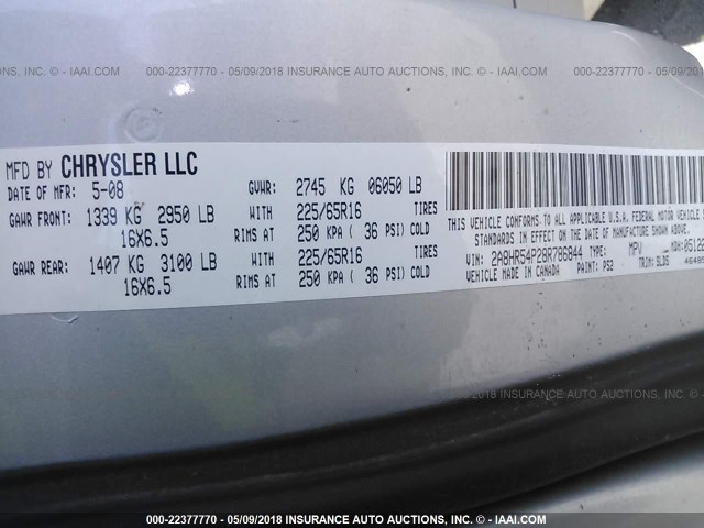 2A8HR54P28R786844 - 2008 CHRYSLER TOWN & COUNTRY TOURING SILVER photo 9